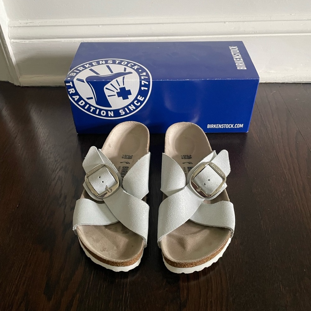 Birkenstock Siena Big Buckle Suede in Washed Metallic White Size 38
